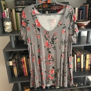 Torrid 2, super soft knit top, gray with floral pattern
